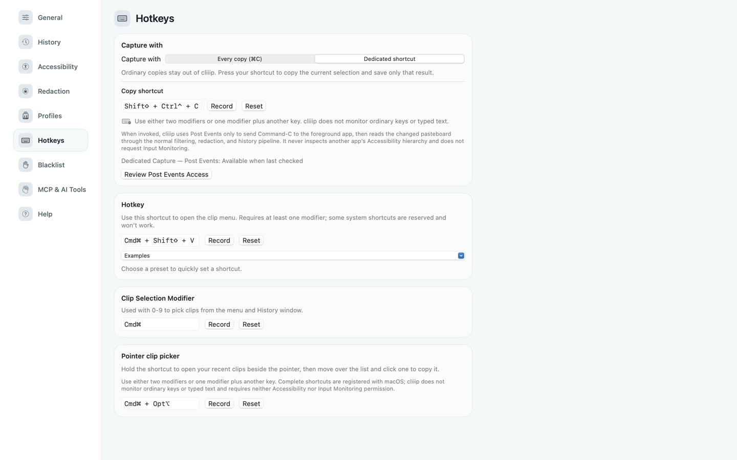 cliiip Hotkeys settings tightly framed around Dedicated Capture, its shortcut and permission explanation
