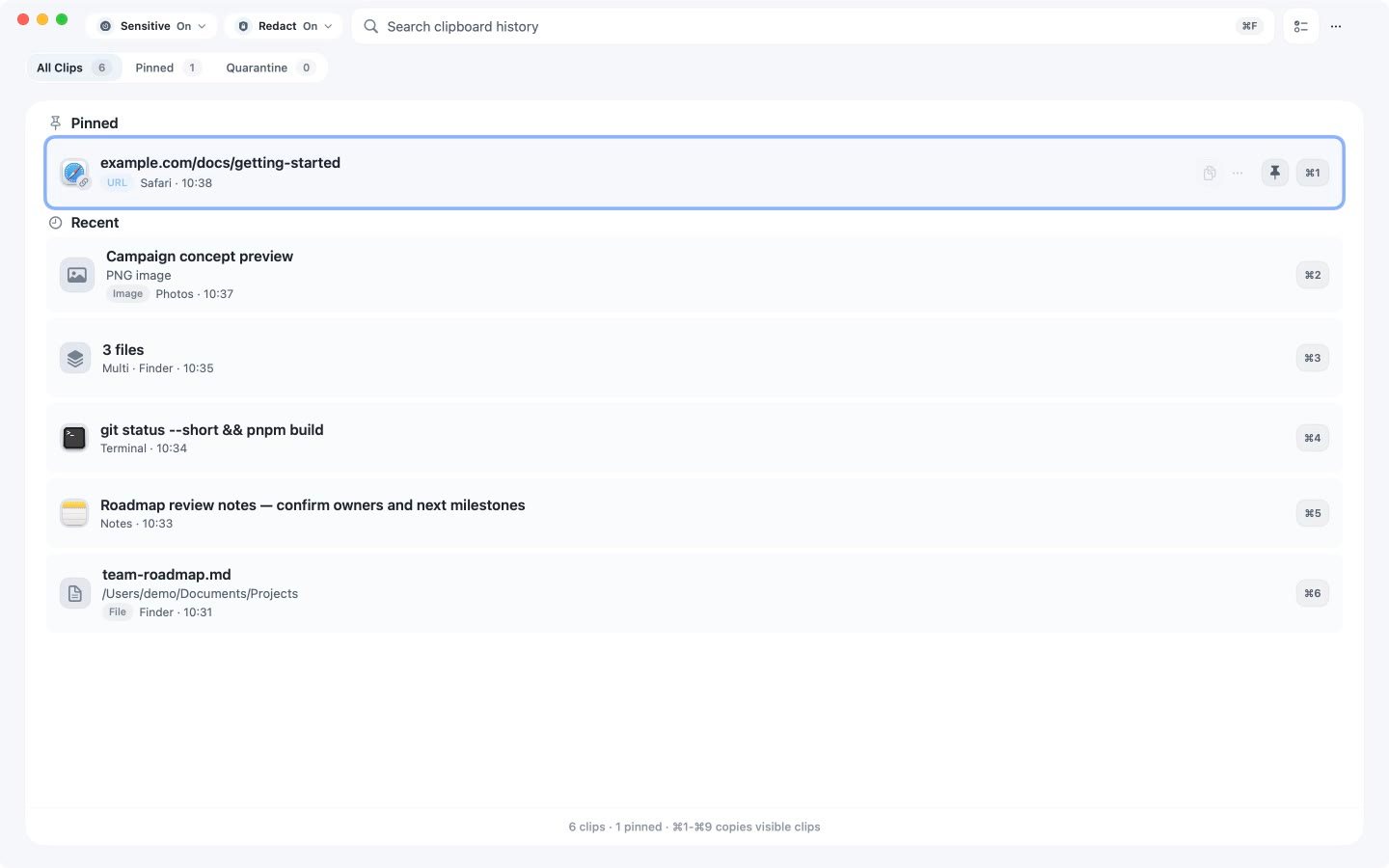 cliiip history showing a Safari link, Notes clips, a Terminal command, an image preview and grouped local files with source apps and copy times