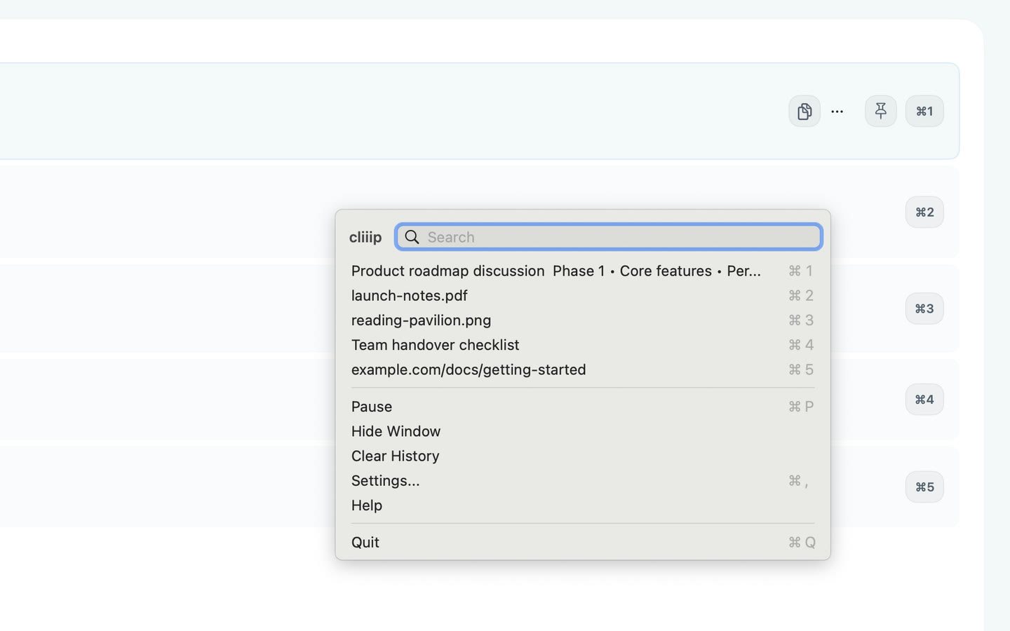 The cliiip menu bar dropdown showing searchable recent clips