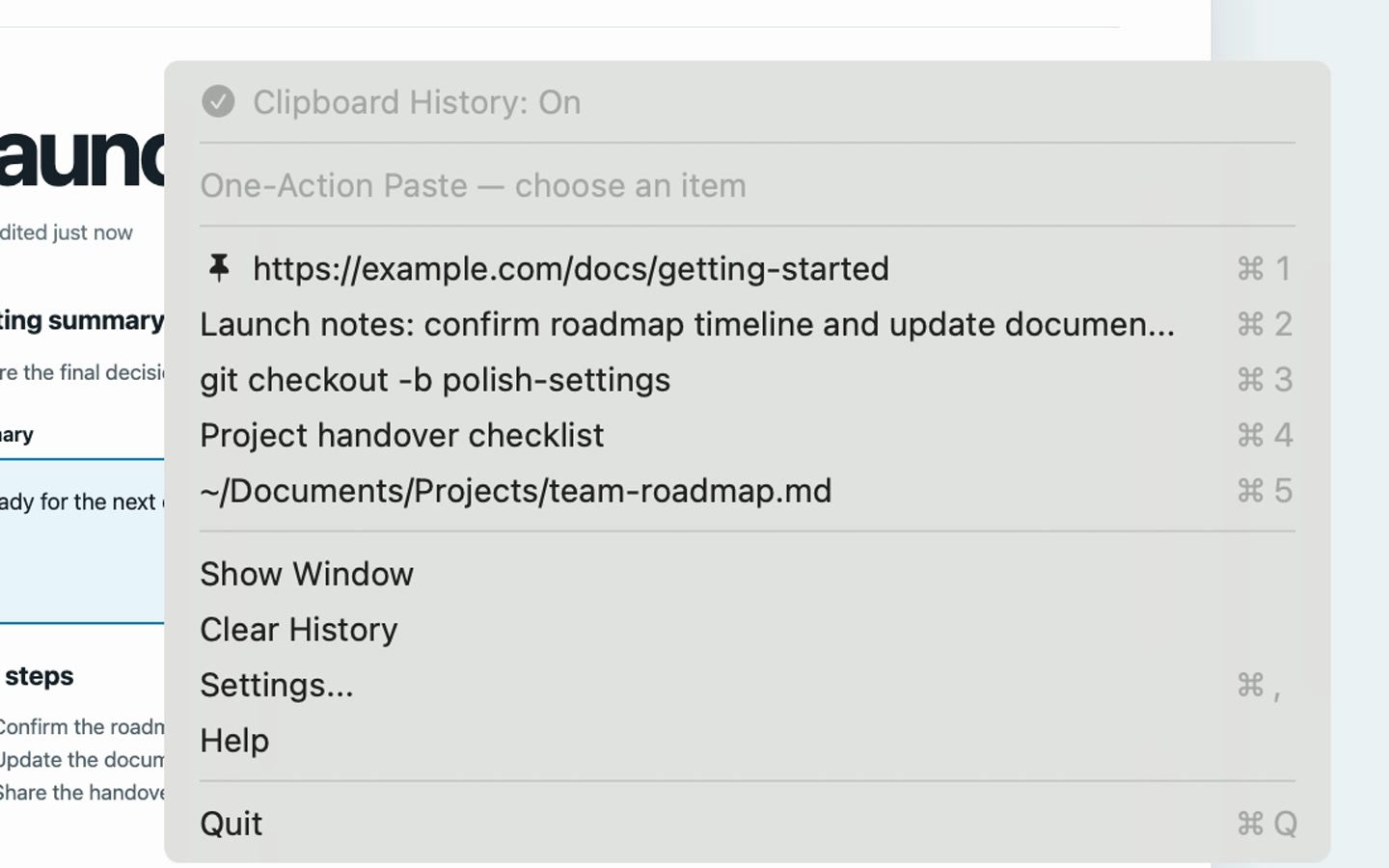 cliiip menu-bar menu with ordinary recent notes, links, commands and file references