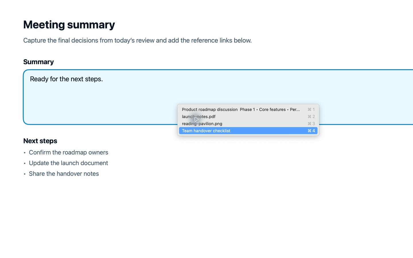 The cliiip pointer picker showing recent clips beside a meeting-summary text field