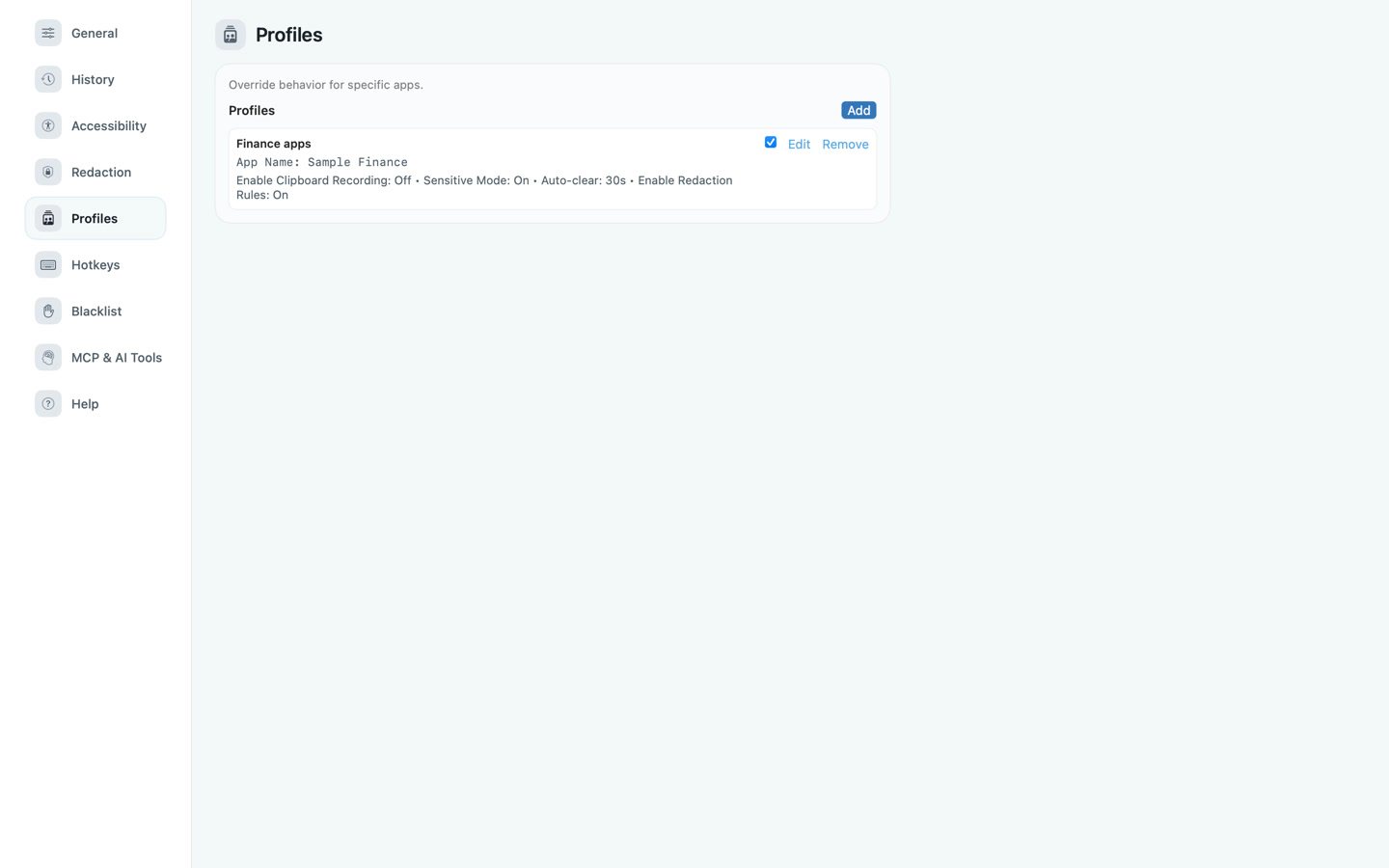 Real cliiip Profiles interface for a sample finance app showing recording off, Sensitive Mode on, auto-clear at 30 seconds and redaction on