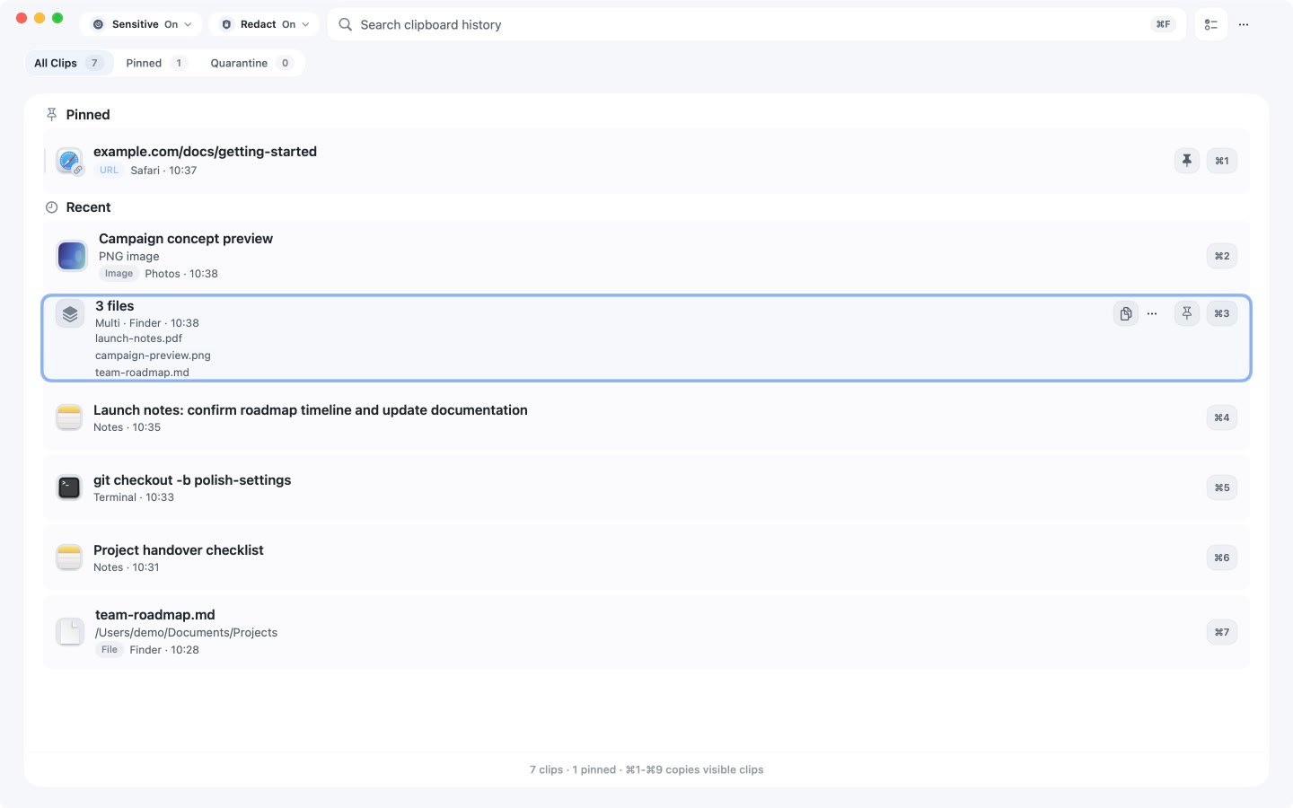 cliiip history with a useful image preview and an expanded group listing launch-notes.pdf, campaign-preview.png and team-roadmap.md