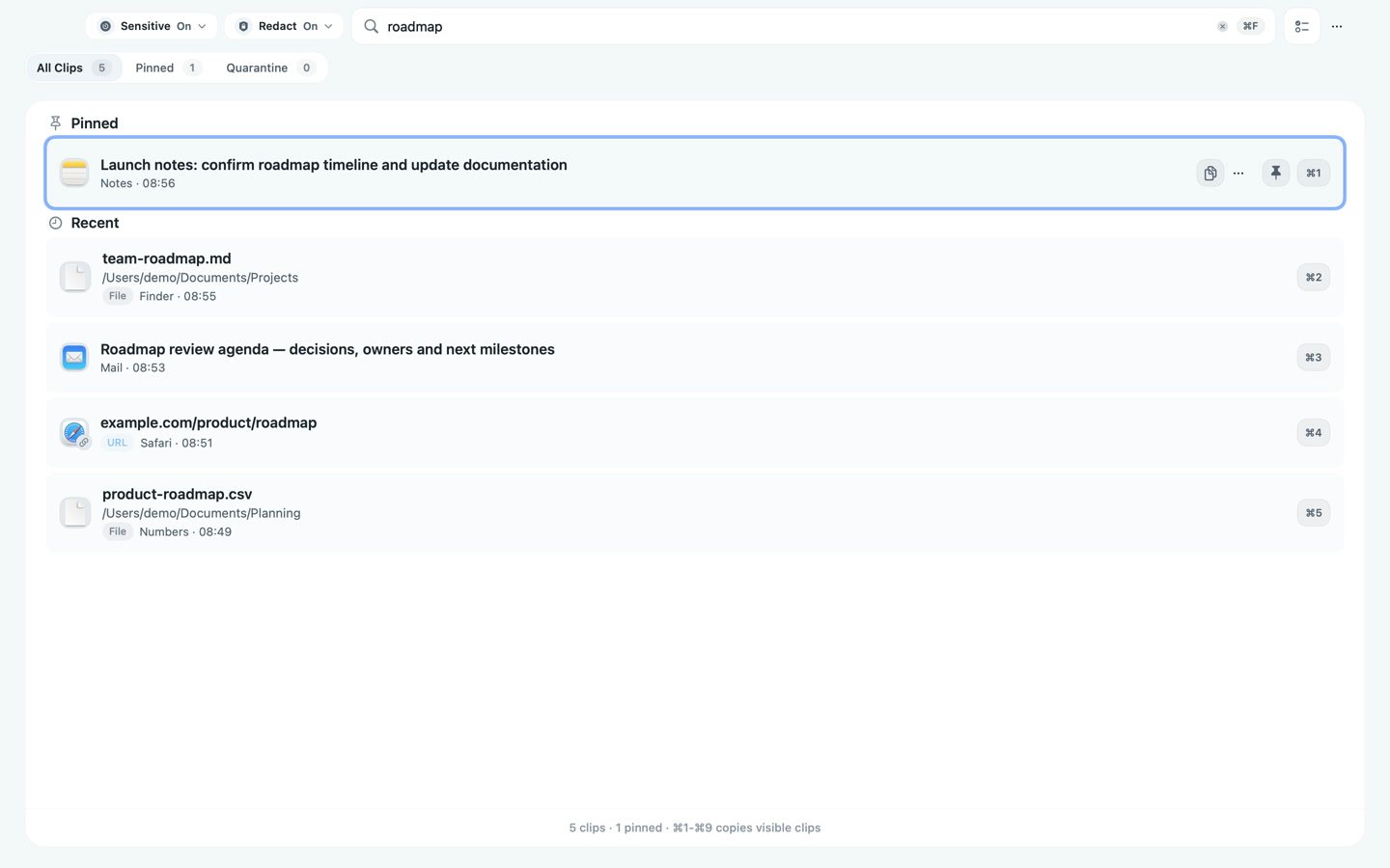 Active roadmap search showing two filtered results with Notes and Finder source and copy-time context