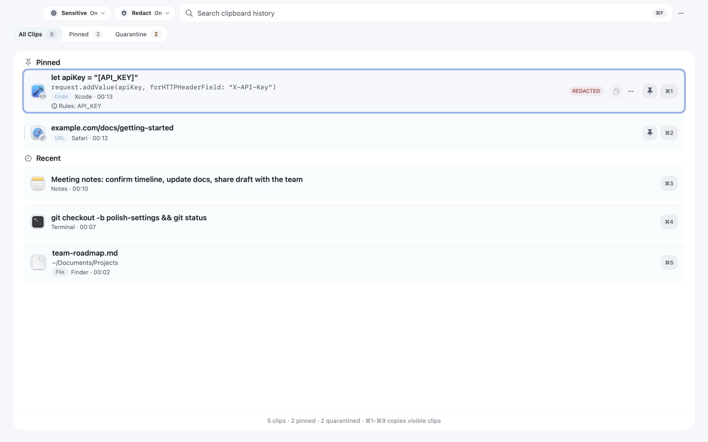 cliiip history view showing source-aware search, pinned clips, redacted content, keyboard shortcuts, and copy actions.