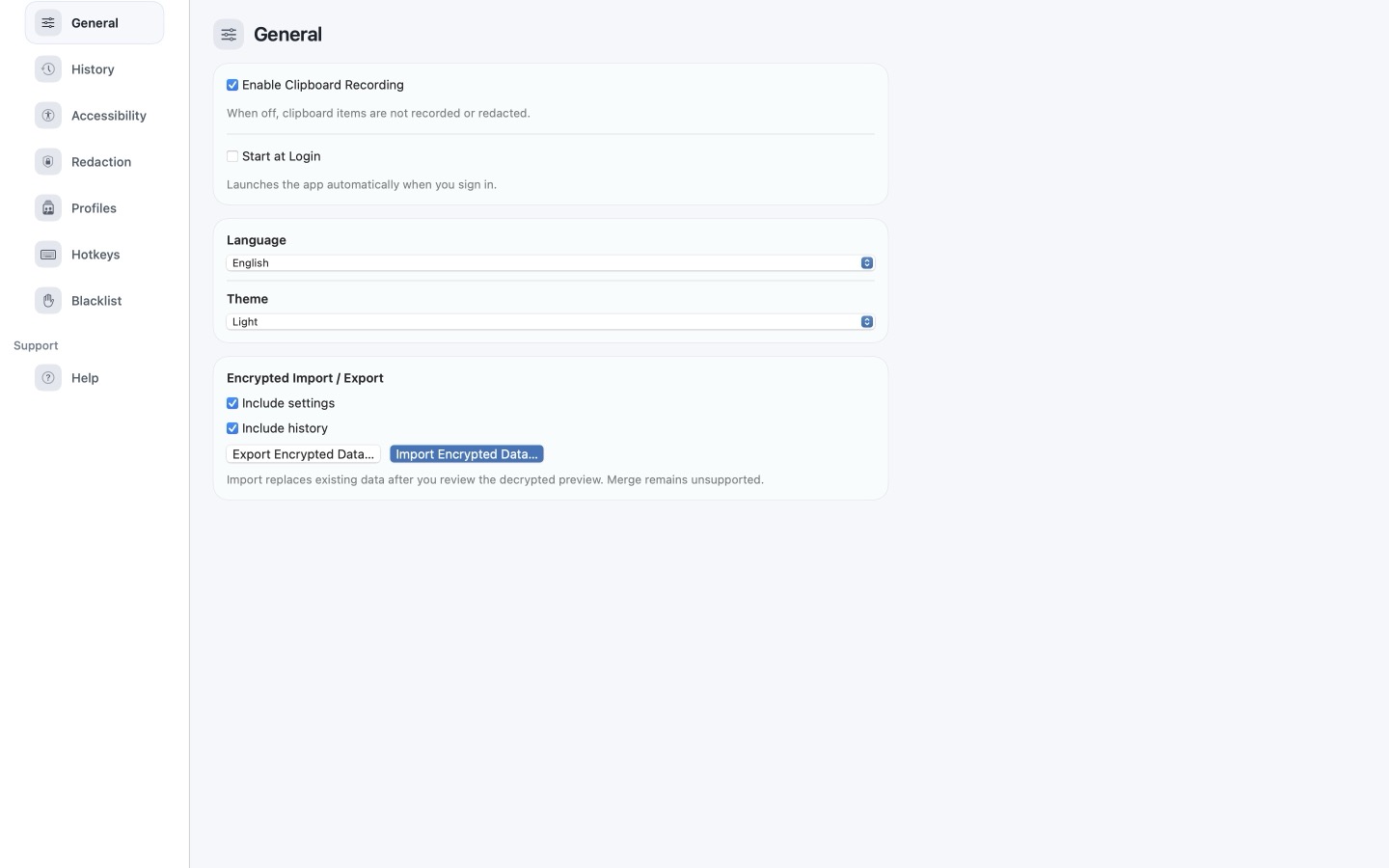 cliiip settings view showing recording controls, language and theme selection, encrypted import and export, and sidebar navigation.